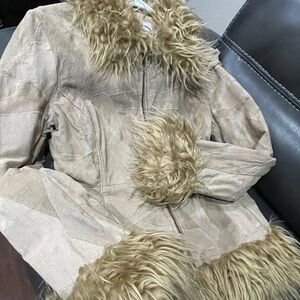 rave Beige Faux-Suede Jacket with Faux-Fur Trim